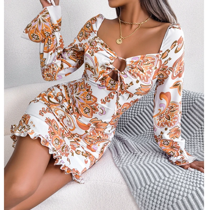 

New Sexy Lace up Square Neck Long Sleeve Ruffle Hip Wrap Dress Fashion Sexy Temperament Print Package Slim Long Sleeve Dress