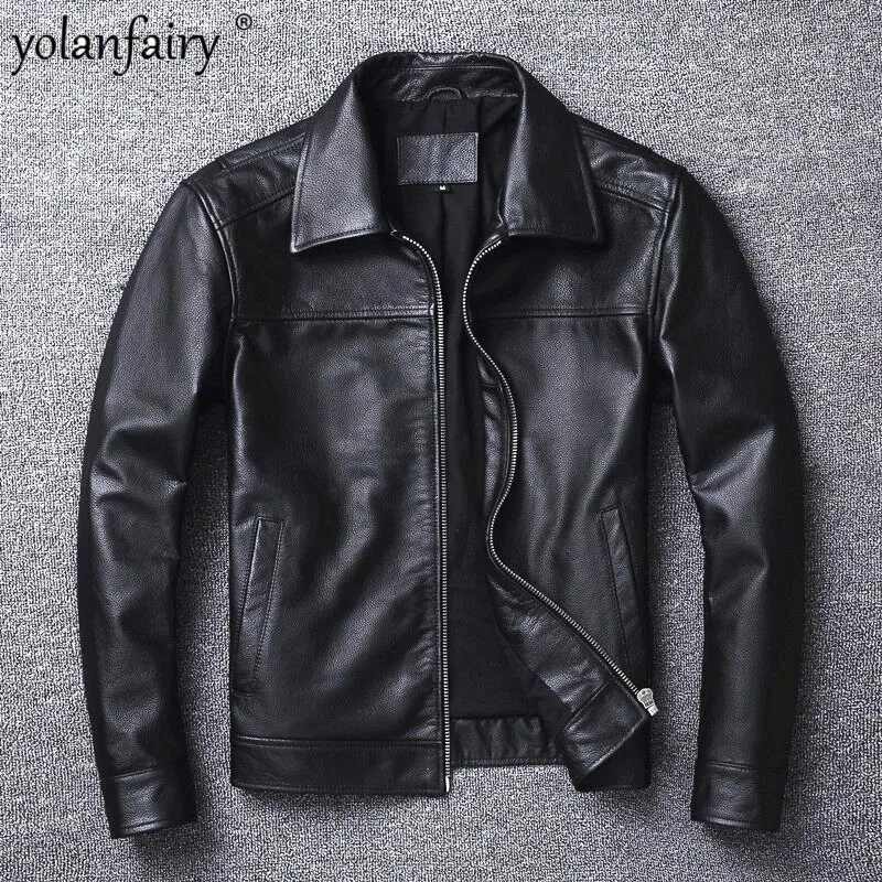 

Real Leather Jacket Men Cowhide Coat Spring Fall Male's Motorcycle Suit Large Size Leather Cloth Lapel Casual Chaquetas Hombre F