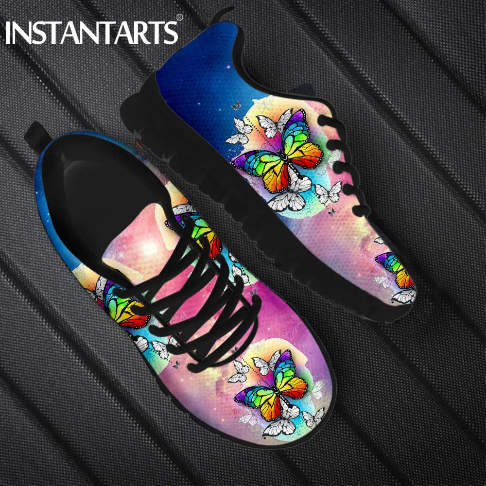 

INSTANTARTS Fashion Female Lace up Mesh Sneakers Lightweight Sport Shoes for Women Rainbow Butterflies Galaxy Design Flat Shoes