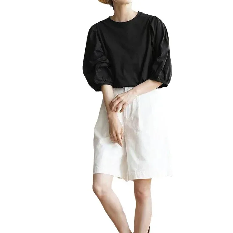 Лето 2023 новая простая повседневная однотонная свободная футболка с круглым