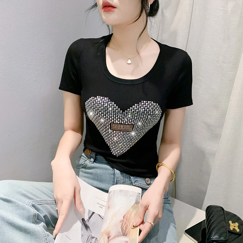 Женская хлопковая футболка с коротким рукавом облегающая блестящими