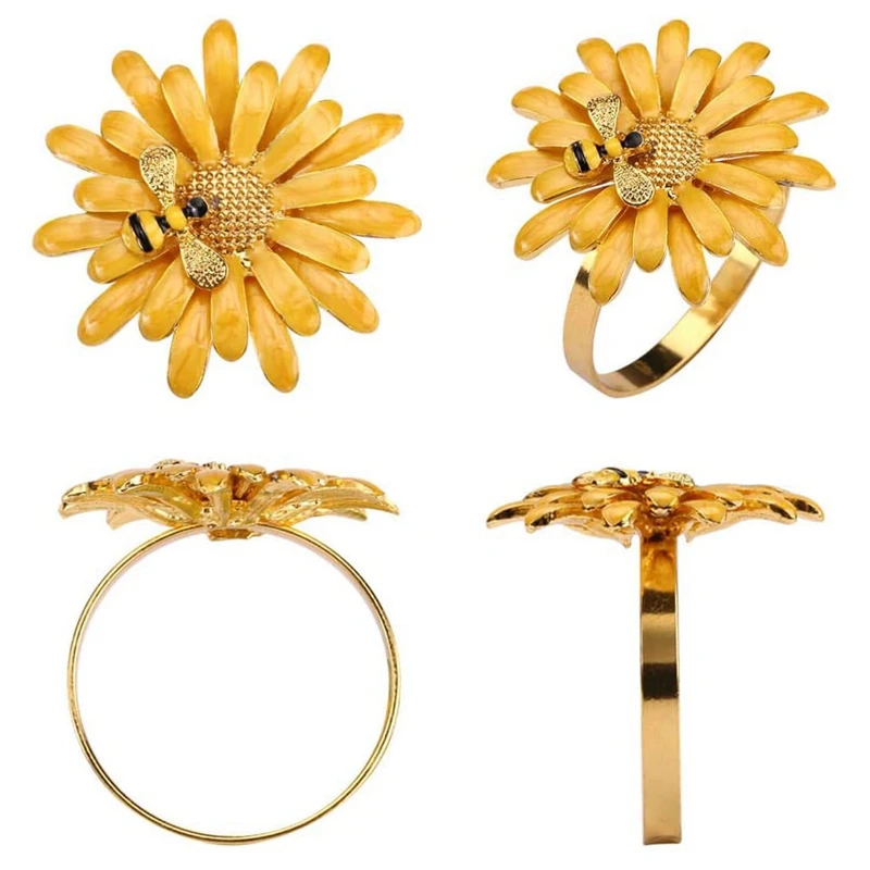 

6 Pcs Daisy Flower Napkin Rings Set,Bee Flower Napkin Holders Serviette Buckles For Holiday Wedding Table Decorations