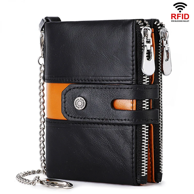 

New Leather Men Wallet Retro Business Large Capacity Card Holder Coin Purse Double Zip Folding Short Mini RFID Clutch Money Bag