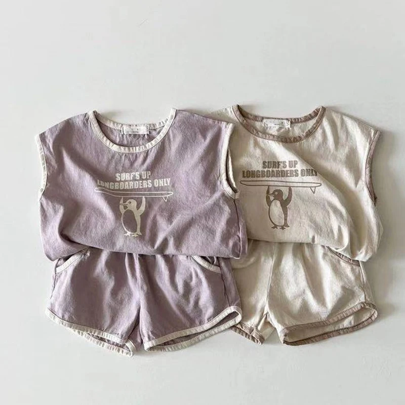 

Newborn Baby Boys Girl Clothing Sleeveless Cotton Cartoon Print T-shirt+Shorts Toddler Baby Girl Boys Clothes Suit For Summer