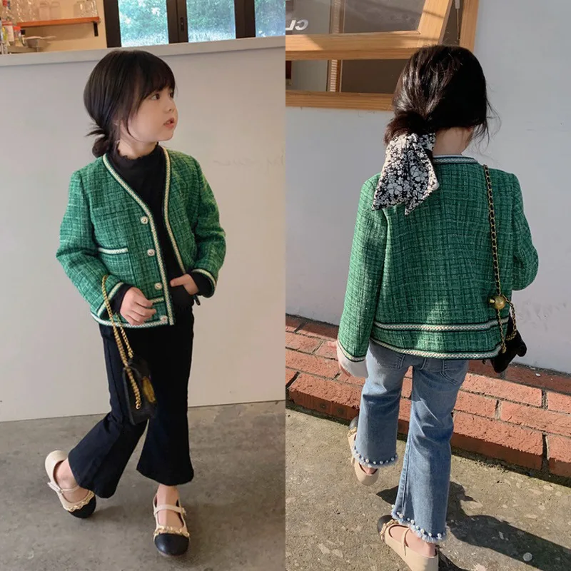 

Girls' Plaid Chanel Coat 2022 New Spring, Autumn and Winter Clothing Fashionable Stylish Children's Long Sleeve Top kids