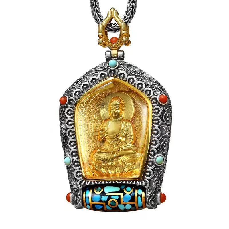 Wanfo Chaozong Guardian Deity Clouds Benming Buddha Вращающаяся подвеска из бисера Dzi Thangka Мужское желтое