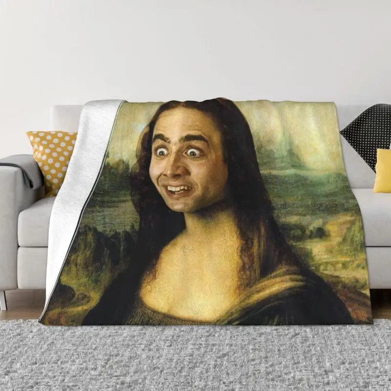 

Nicolas Cage Mona Lisa 3D Print Funny Meme Blankets Breathable Soft Flannel Autumn Throw Blanket for Sofa Home Bed