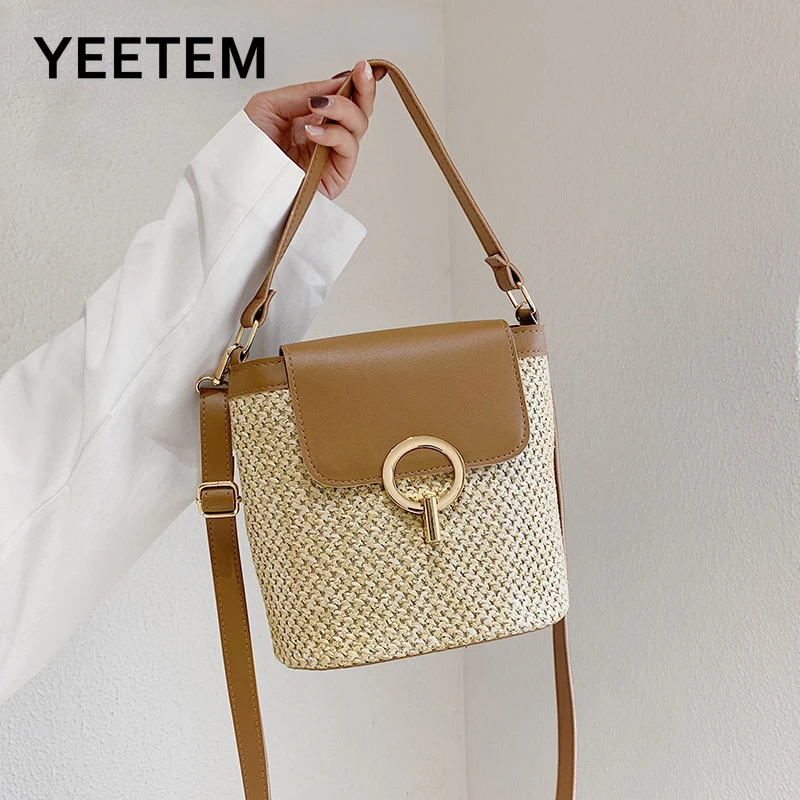 

Straw Bucket Bags Bucket For Summer Crossbody Lady Travel Purses Handbags Female Shoulder Simple Bag