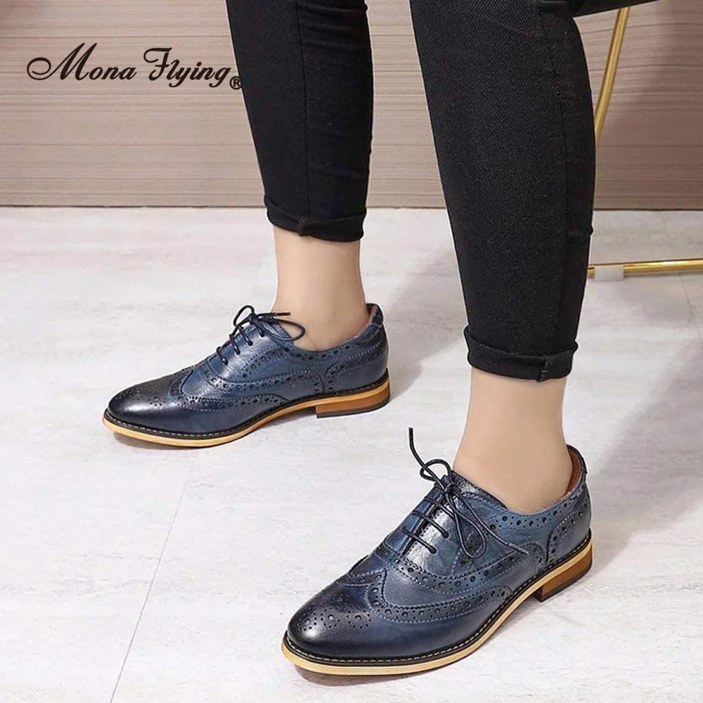 

Mona Flying Women's Genuine Leather Oxfords Brogues Wingtips Comfort Hand-made Almond-toe Lace-up Flats Ladies Shoes B098-8