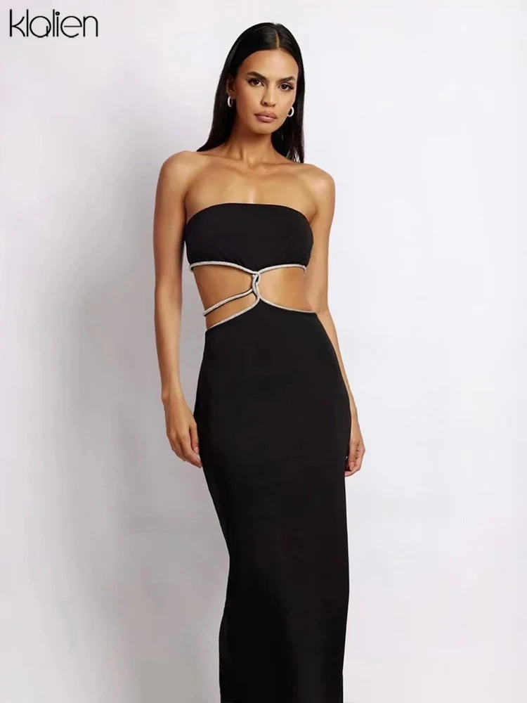 

KLALIEN модные сексуальные платья без бретелек Летние Новые повседневные ажурные уличные платья Y2K однотонные тонкие обтягивающие длинные пла...