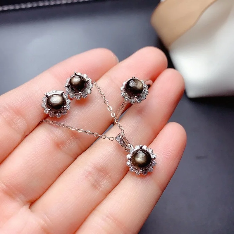 

Natural Star Sapphire Ring Pendant Earrings 925 Silver Sapphire Women's Genuine Sapphire Jewelry