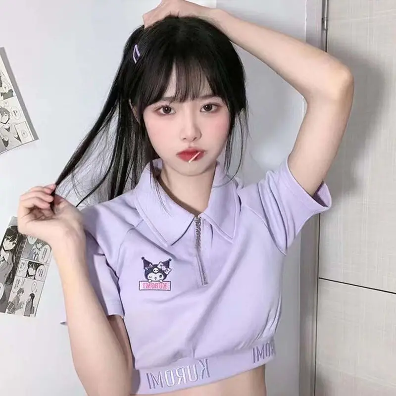 Cartoon Kuromi Polo Shirt+Sports Shorts Loose Japanese Lovely Embroidery Women Summer Clothes Y2K Top Japanese Sweet Tee Shirts
