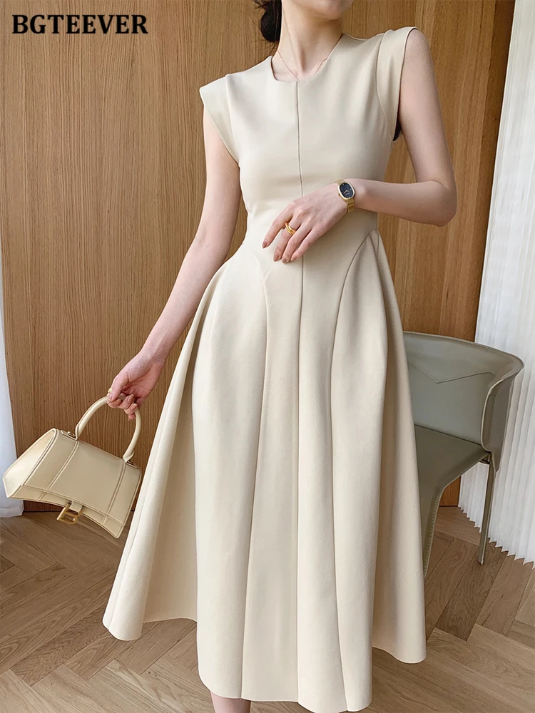 

BGTEEVER Elegant O-neck Women A-line Dress Spring Summer Ladies Vestidos Elegant Sleeveless Slim Waist Solid Female Dress 2022