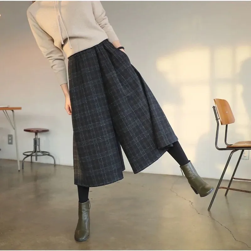 

2022 New Arrival Autumn/winter Women Casual Loose Elastic Waist Calf-length Pants Plaid Print Woolen Wide Leg Pants P564