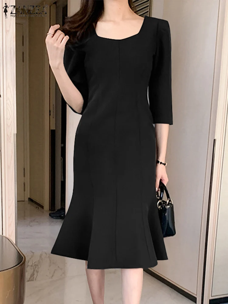 

2023 ZANZEA элегантный женский летний офисный сарафан средней длины с рукавом 3/4, модное однотонное платье с рыбьим хвостом, женское платье, однотонное платье Badycorn