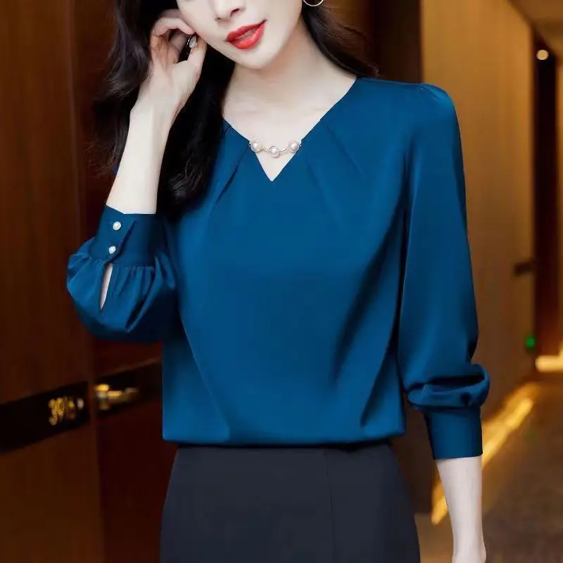 

Elegant V-Neck Spliced Button Beading Folds Chiffon Blouse Women's Clothing 2023 Autumn New Casual Pullovers Office Lady Shirt