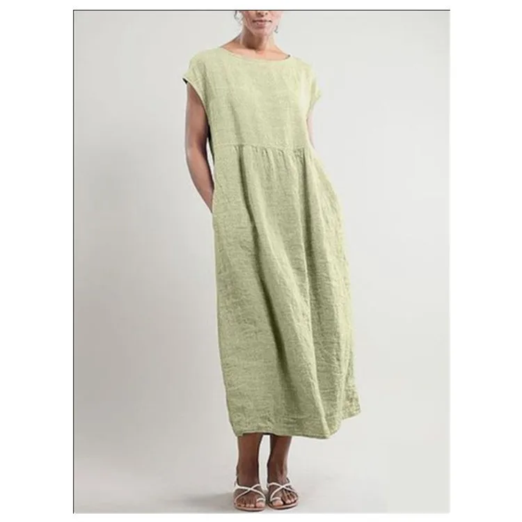 

Cotton and Linen Women's Long Dress White Loose O Neck Sleeveless Dress Women's Summer Fashion Beach Dress
