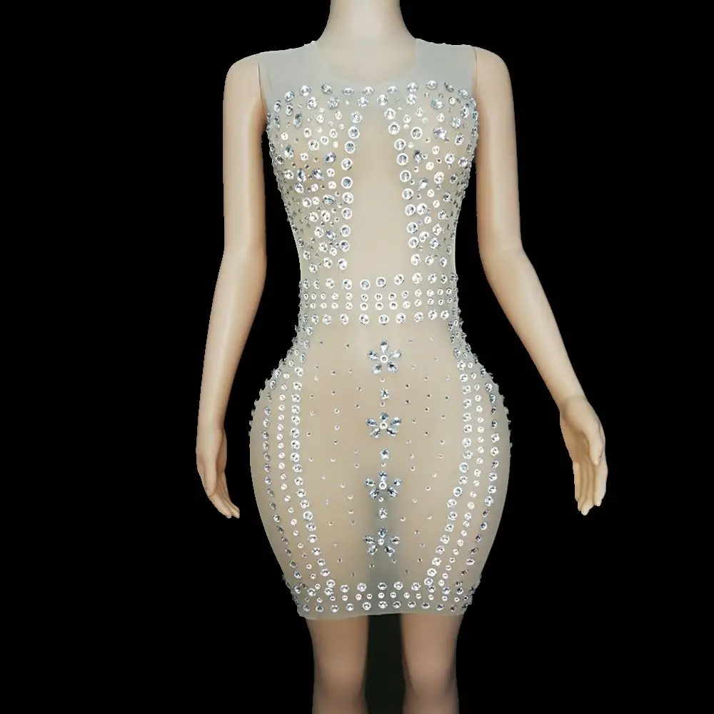 

Women New Sexy Mesh Transparent Evening Celebrate Birthday Sparkly Rhinestones Summer Sleeveless Short Bodycon Dress Club Outfit
