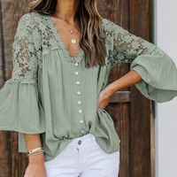 hollow out lace blouses shirts women 2022 new arrival vintage v neck flare sleeve summer blouse ladies top boho dropshipping