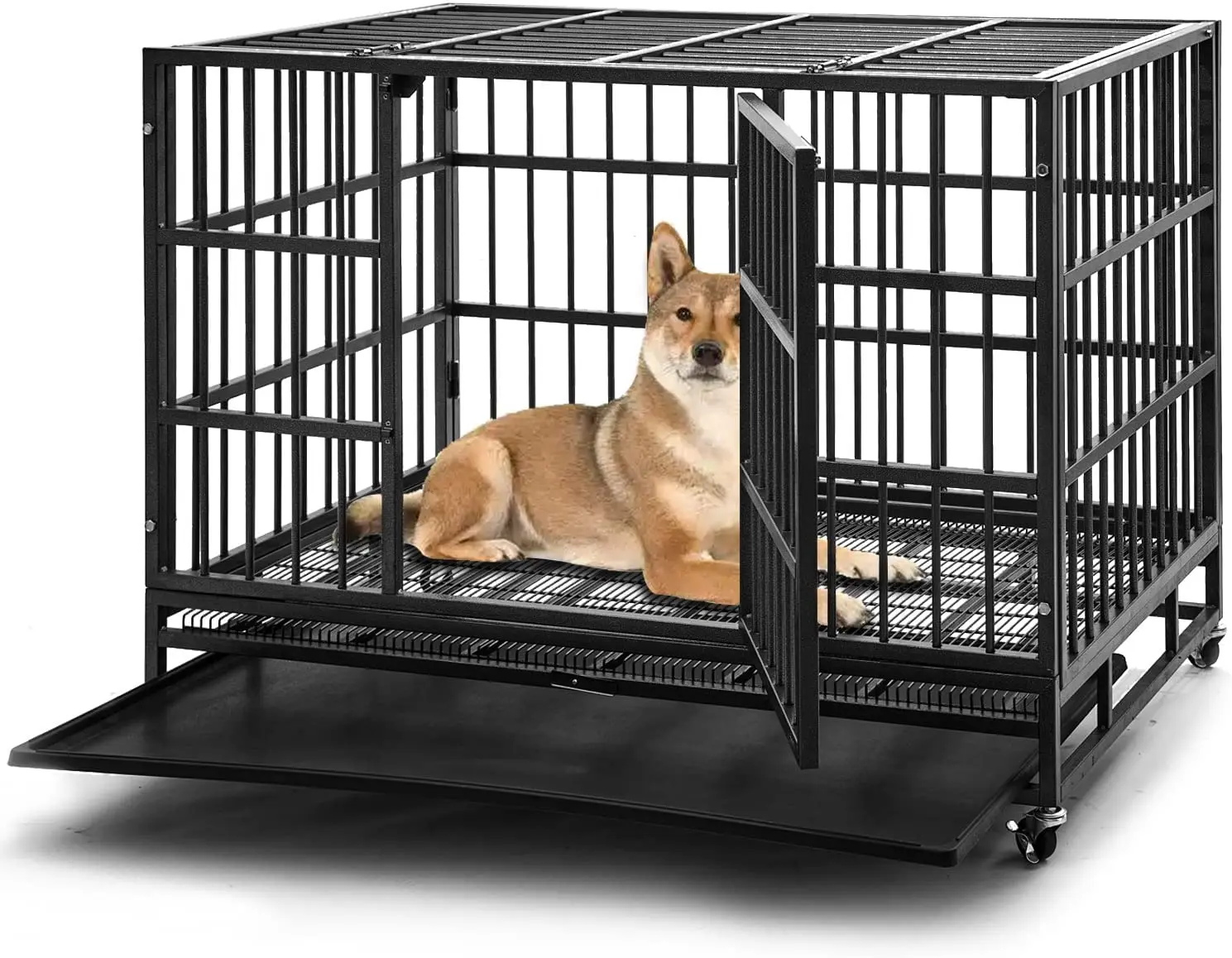 

American Drop Shipping 48 Inch Heavy Duty Dog Crate Cage Kennel with Wheels,Indoor folding Double Doors Large Dog Cage