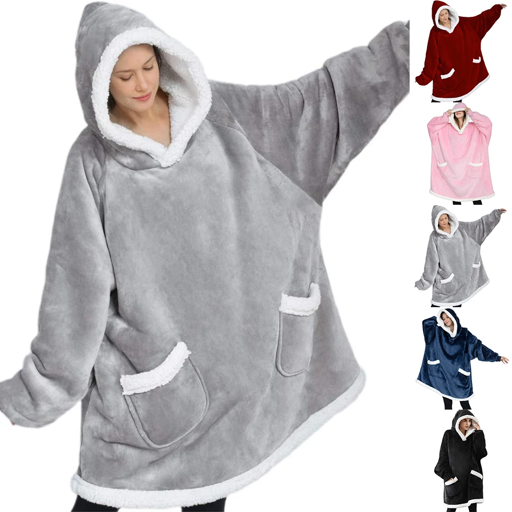 

Женская толстовка большого размера с капюшоном, плюшевое флисовое шерстяное одеяло, Женская однотонная большая толстовка с капюшоном, тепл...