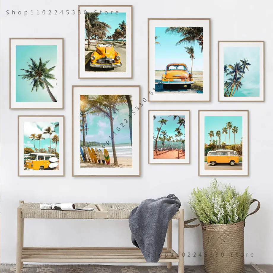 

Retro Car Coconut Tree Surfboard Starfish Wall Art Canvas Painting Nordic Posters And Prints Wall Pictures For Living Room Decor