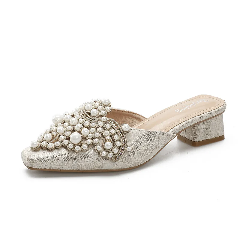 

New thick-heeled Baotou slippers Pearl Trim mid-heeled flip-flops for women flip-flops for women