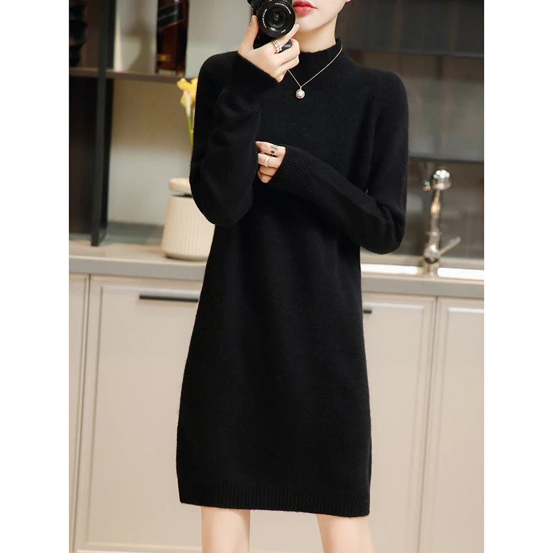 Autumn And Winter New 100% Pure Wool Women's Half Turtleneck Pullover Loose Sweater Slim Mid-Length Knitted Bottoming Dress