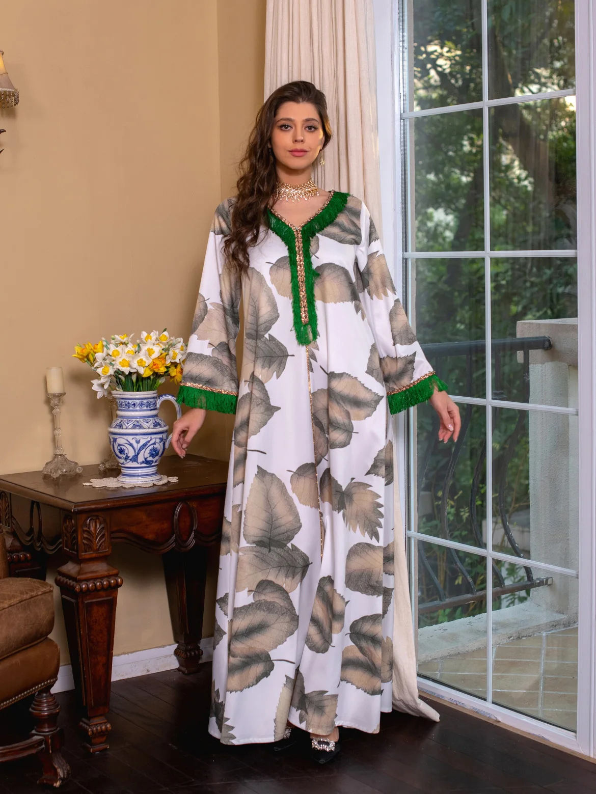 Party Dresses Abayas For Women Dubai 2022 Printed Long Sleeve V-Neck Button Tape Trim Belted Kaftan Split Hem Clothes For Women