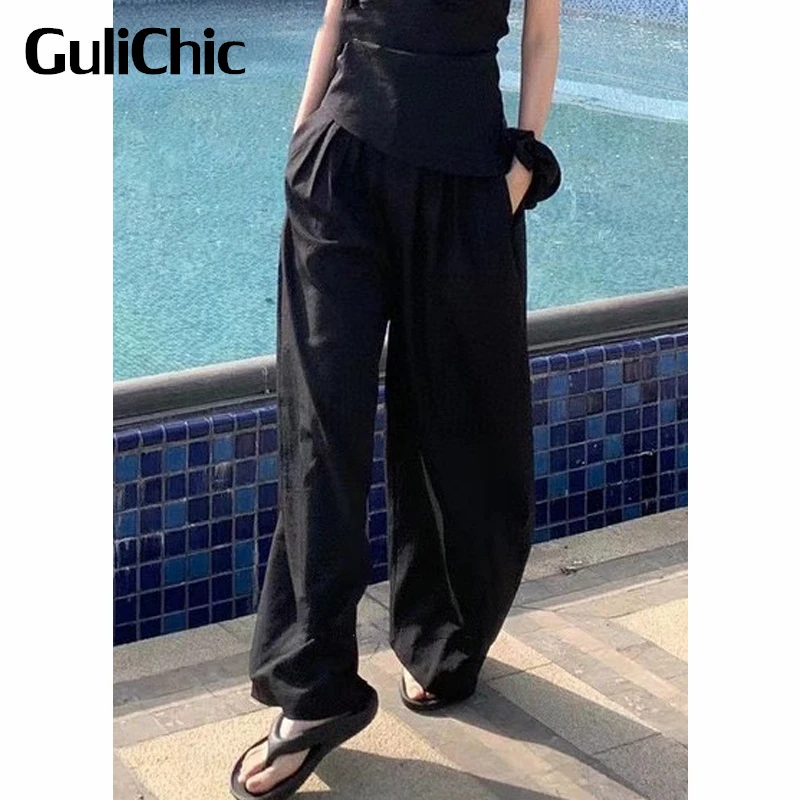 6.14 GuliChic Women Casual Loose Comfortable Pleated Solid Color Wide Leg Pants