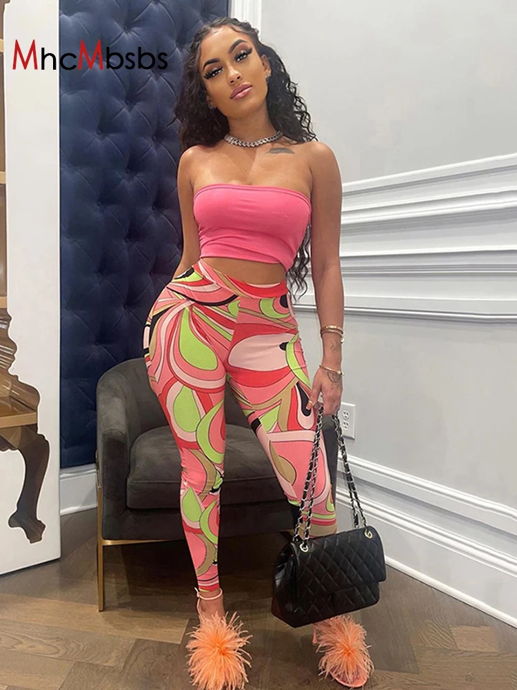 

Женский спортивный костюм из двух предметов, привлекательный топ-корсет без бретелек и брюки-карандаш с высокой талией и принтом, лето 2022