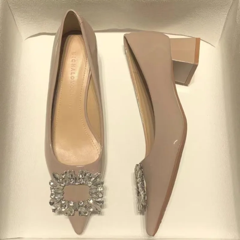 Женские туфли на грубом каблуке осенние новые с острым носком и неглубоким со