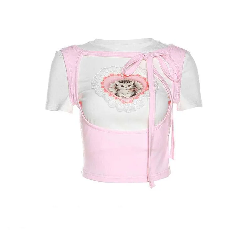 

Fake Two Piece Summer T-shirt Harajuku Sweet Lace Cat Print Short Sleeve Cute Y2k Crop Tops Aesthetic Women Clothes Streetwear