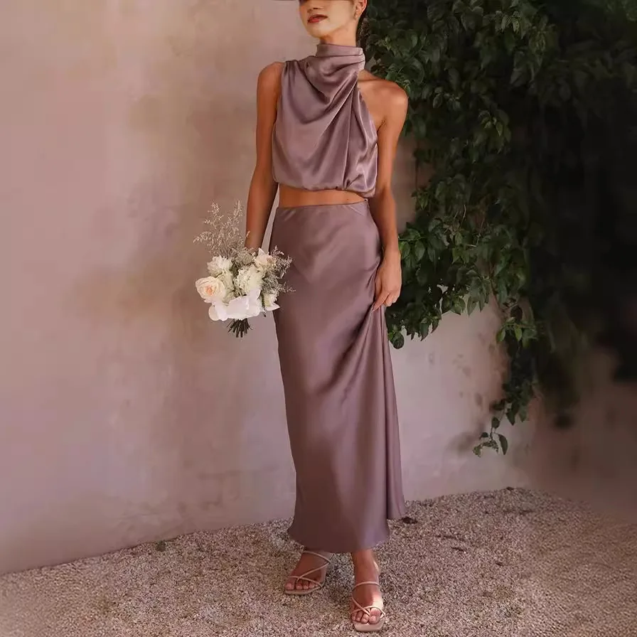 Комплект из двух предметов для женщин атласные длинные юбки миди без рукавов с