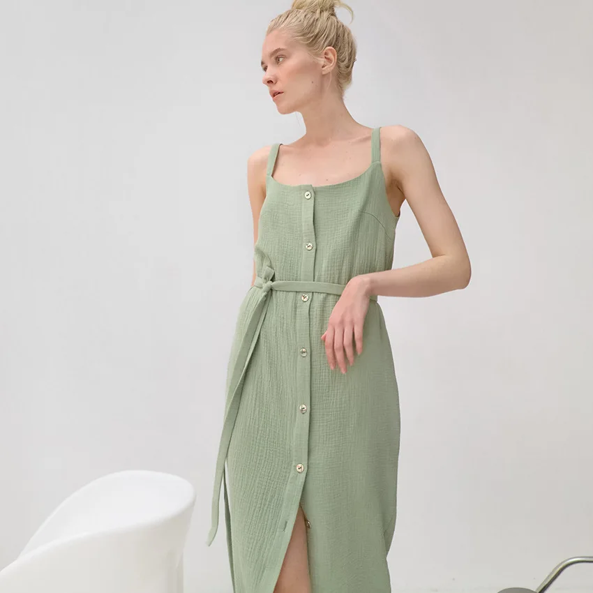 

Lace-up Slit Midi Dress Lady 2023 Spring Nightgown Single Breasted Solid Simple Sleeveless Vestidos Cotton Casual Dresses Femme