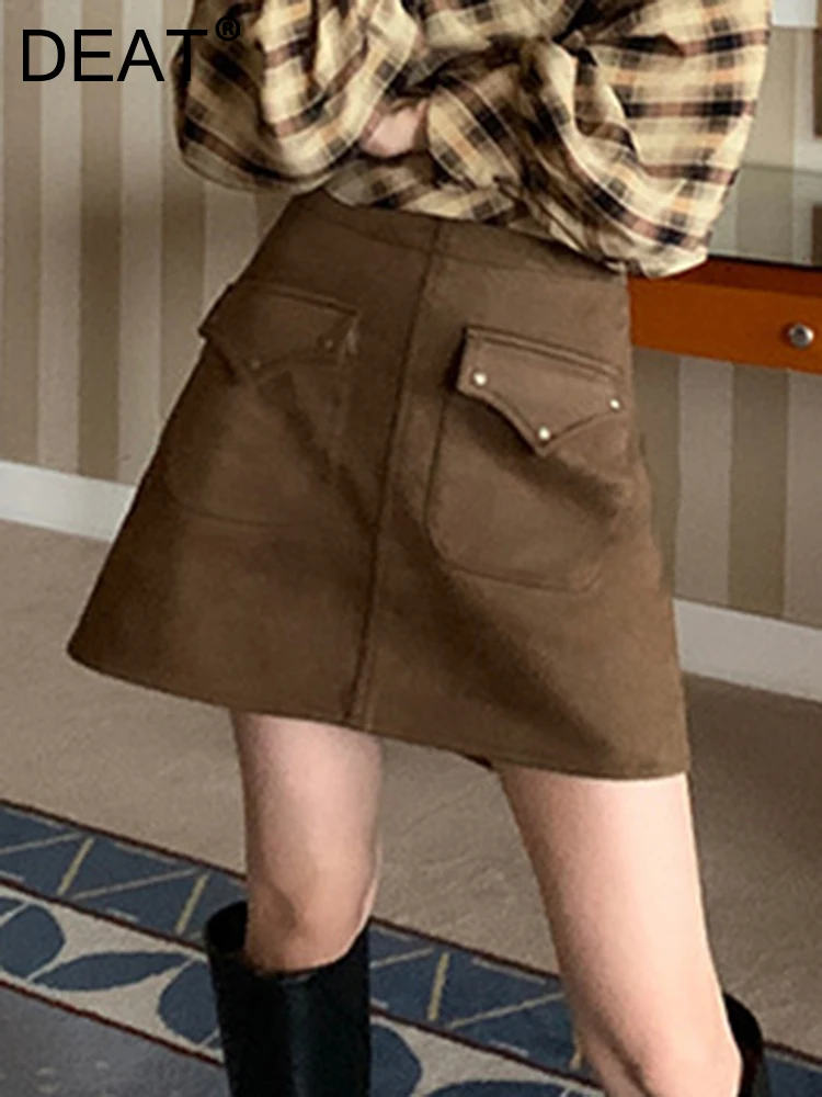 

DEAT Fashion Women Skirt High Waist Zipper Pockets Slim A-line Retro Solid Color Short Skirts Female Autumn 2023 New Tide 7AB514