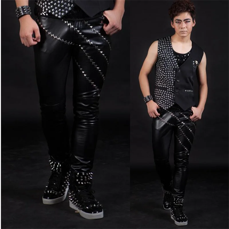 Black Singer costumes Rivets motorcycle 1 pu pants men 1 pants man stage trousers faux leather pants mens Provide custom
