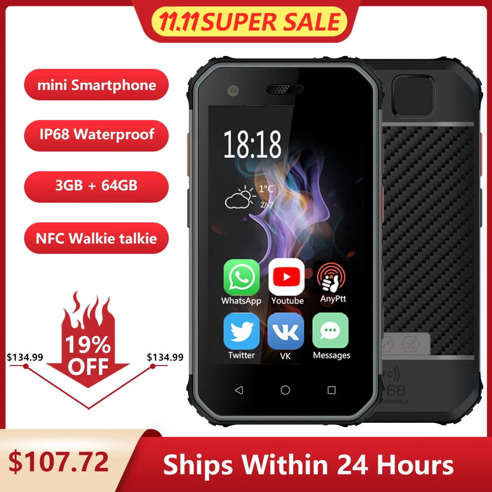 Ceny Serwo S10 Pro IP68 Wodoodporny Mini Smartfon MTK6737 3GB 64GB NFC Walkie Talkie Wytrzymały Telefon 13MP Rozpoznawanie Twarzy Odcisków Palców