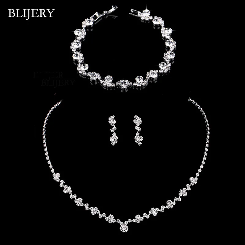 

Fashion Crystal Bridal Jewelry Sets Silver Color Geometric Choker Necklace Earrings Bracelet Wedding Jewelry Sets