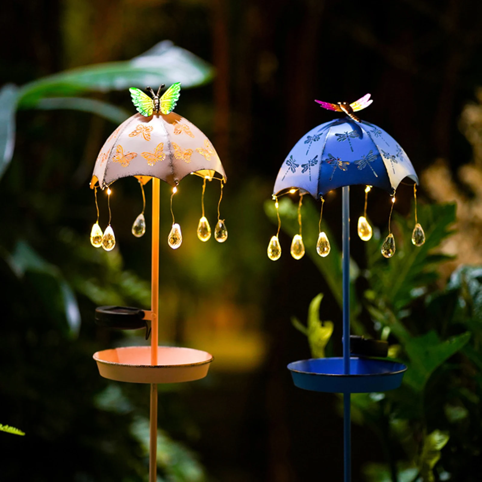 

Уличная кормушка для птиц на солнечной батарее, металлический зонт для внутреннего освещения, имитация капель воды, наземная лампа