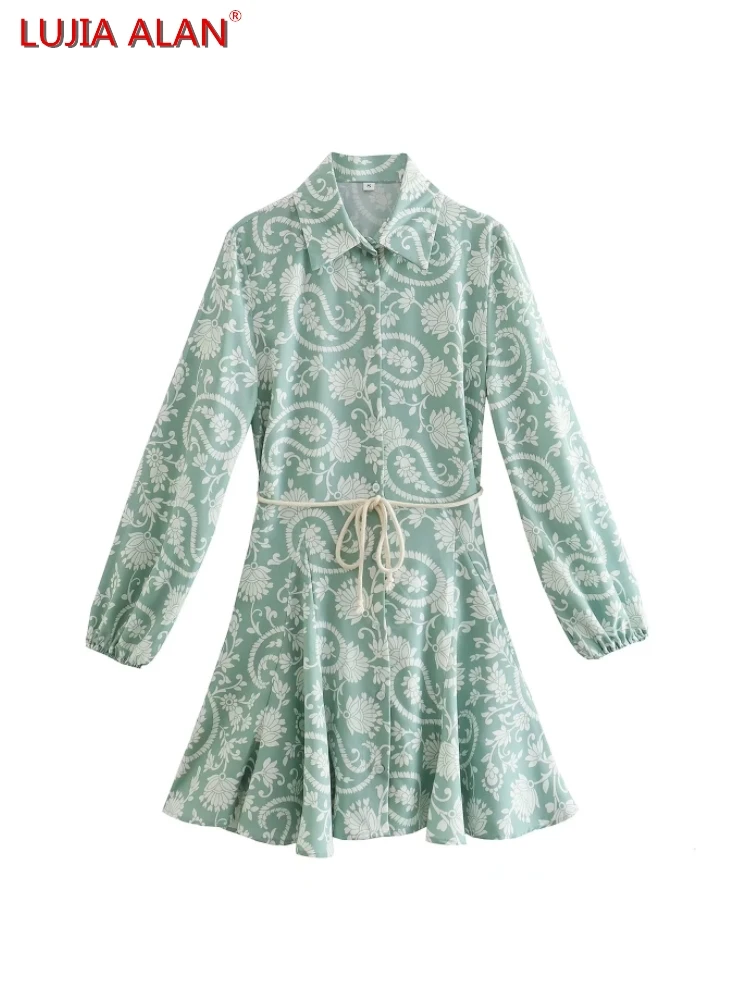 

Paisley Print Sashes Women Swing Dress Summer Female Long Sleeve Mini Vestidos Elegant Streetwear LUJIA ALAN WD280