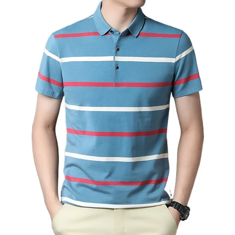 Летняя деловая тонкая хлопковая Футболка с лацканами в полоску простой