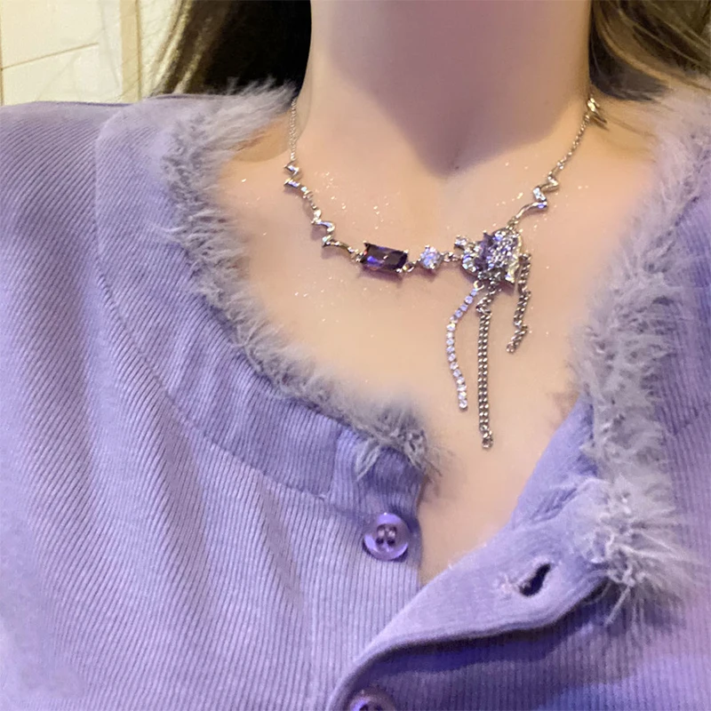 

2022 New Sweet And Cool Personality Y2k Purple Zircon Irregular Love Necklace Tassel Clavicle Chain Female Jewelry Gift