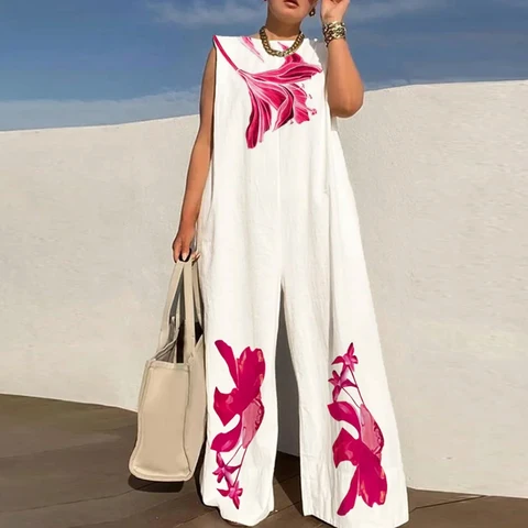 Elegant Patterm Print Loose Long Jumpsuit Summer Office Casual Wide Leg Romper Women Fashion O-neck Sleeveless Playsuit Overalls