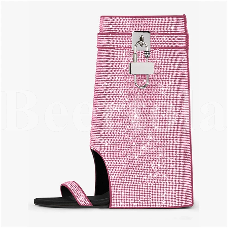 

Новинка 2023, женские ботинки с открытым носком и металлическим замком, ботинки на танкетке со стразами на высоком каблуке, женские вечерние ботинки без шнуровки с узкими ремешками