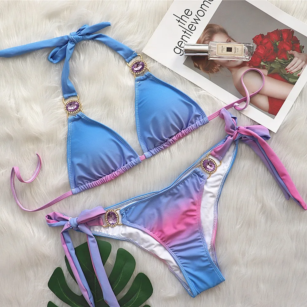 

Luxury Jewelled Rhinestones Bikini Set Women Tie Dye Gradient Push Up Thong Swimsuit Beach Bathing Suit Pleated Micro Biquini