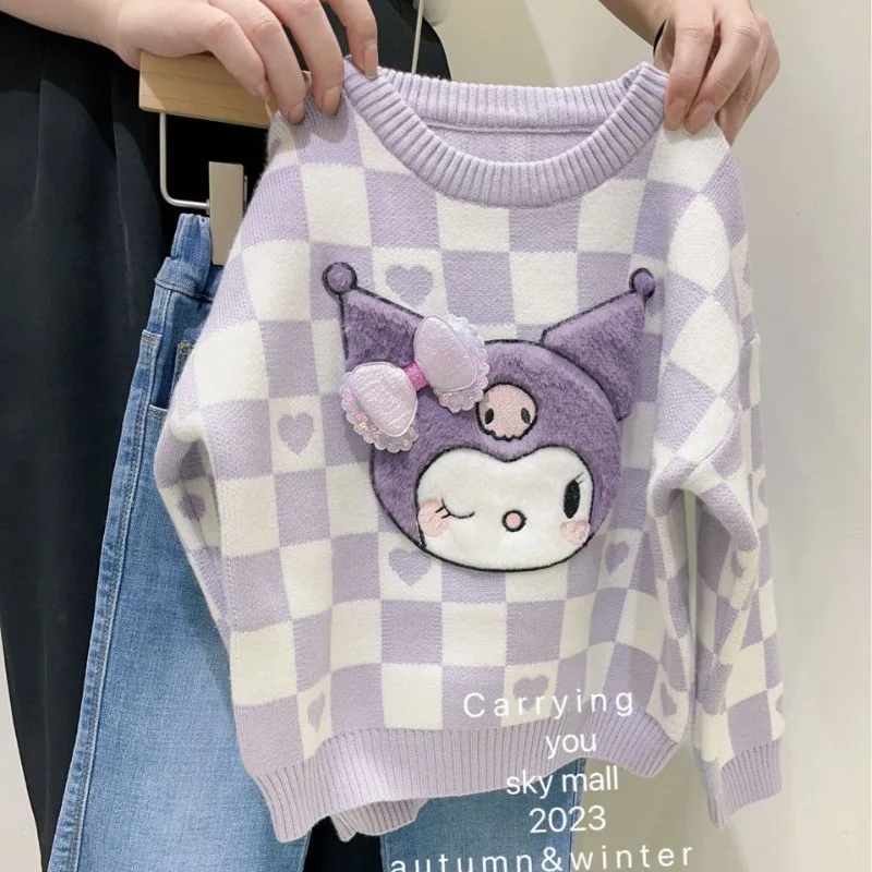 

2023 Winter New Sanrio My Melody Kuromi Crew Neck Sweater Warm Thickened Top Children's Knitwear Girls Long Sleeve Sweater