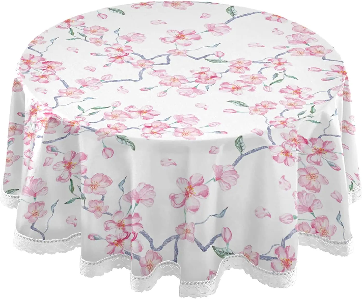 

Tablecloth Round 60 Inch Cherry Blossoms White Flower Table Decor Watercolor Elegant and Vintage Polyester White Lace Tablecloth
