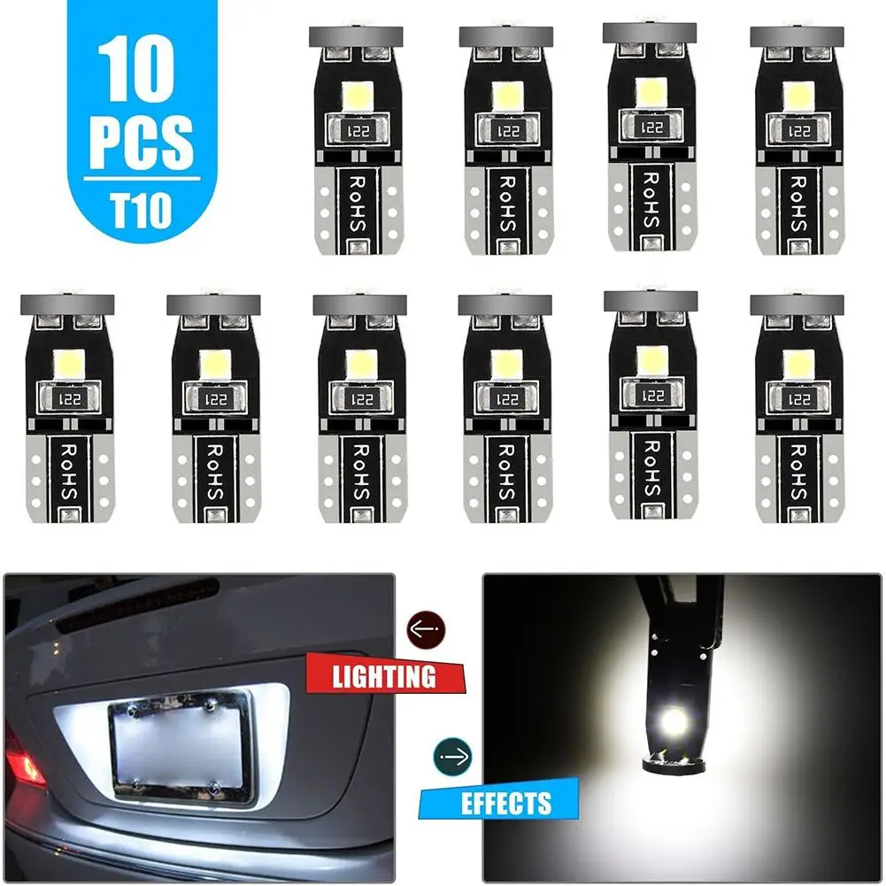 

10pcs Car Led Indoor Ceiling Light Bulbs Kit T10 168 194 2825 W5w License Plate Light Bulb 6500k White