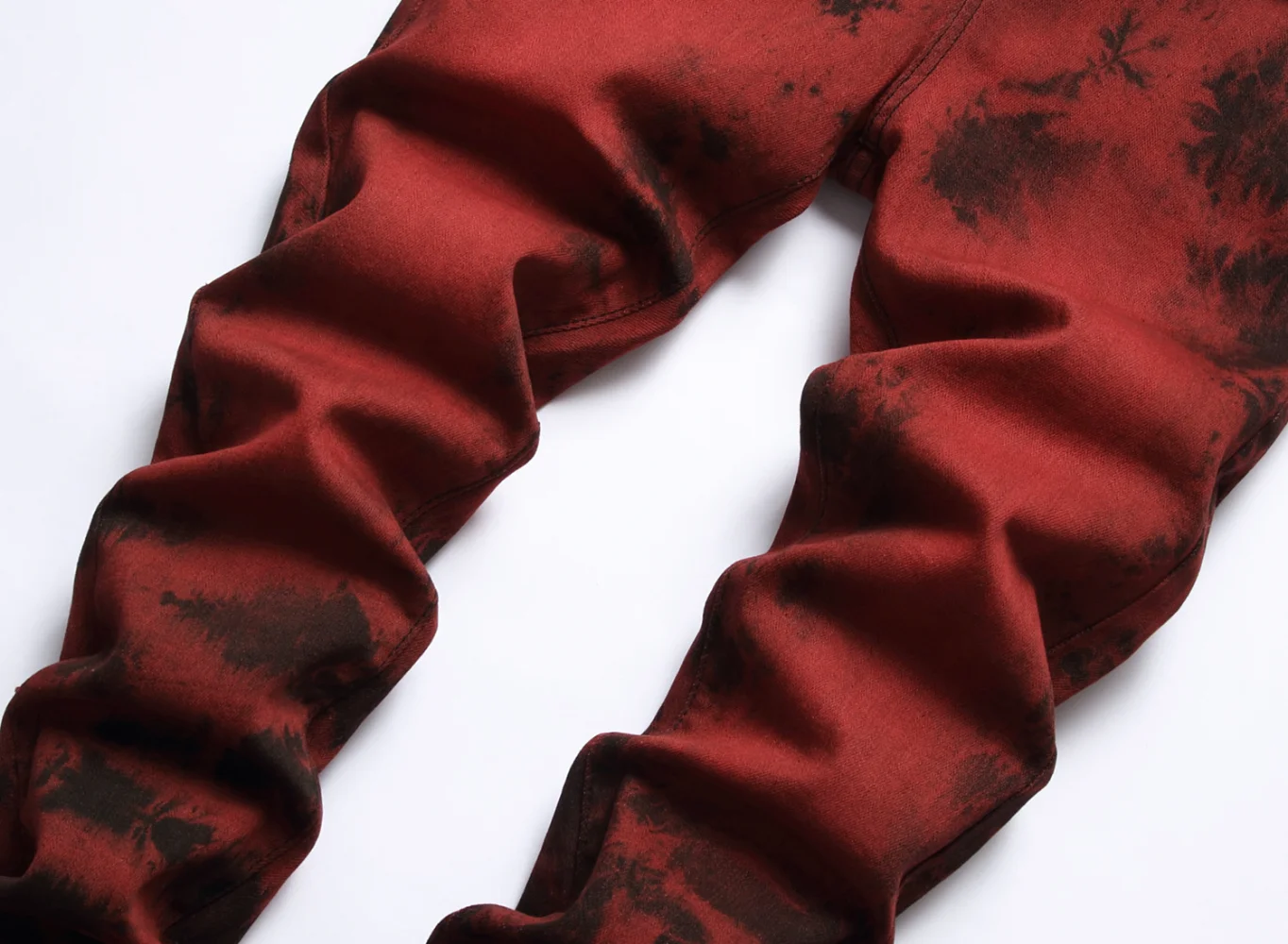 Elastic  Tie-dye Brick Red Streetwear Men Jeans Fashion Personalized Denim Pants Full Length Trousers Slim Male Jeans